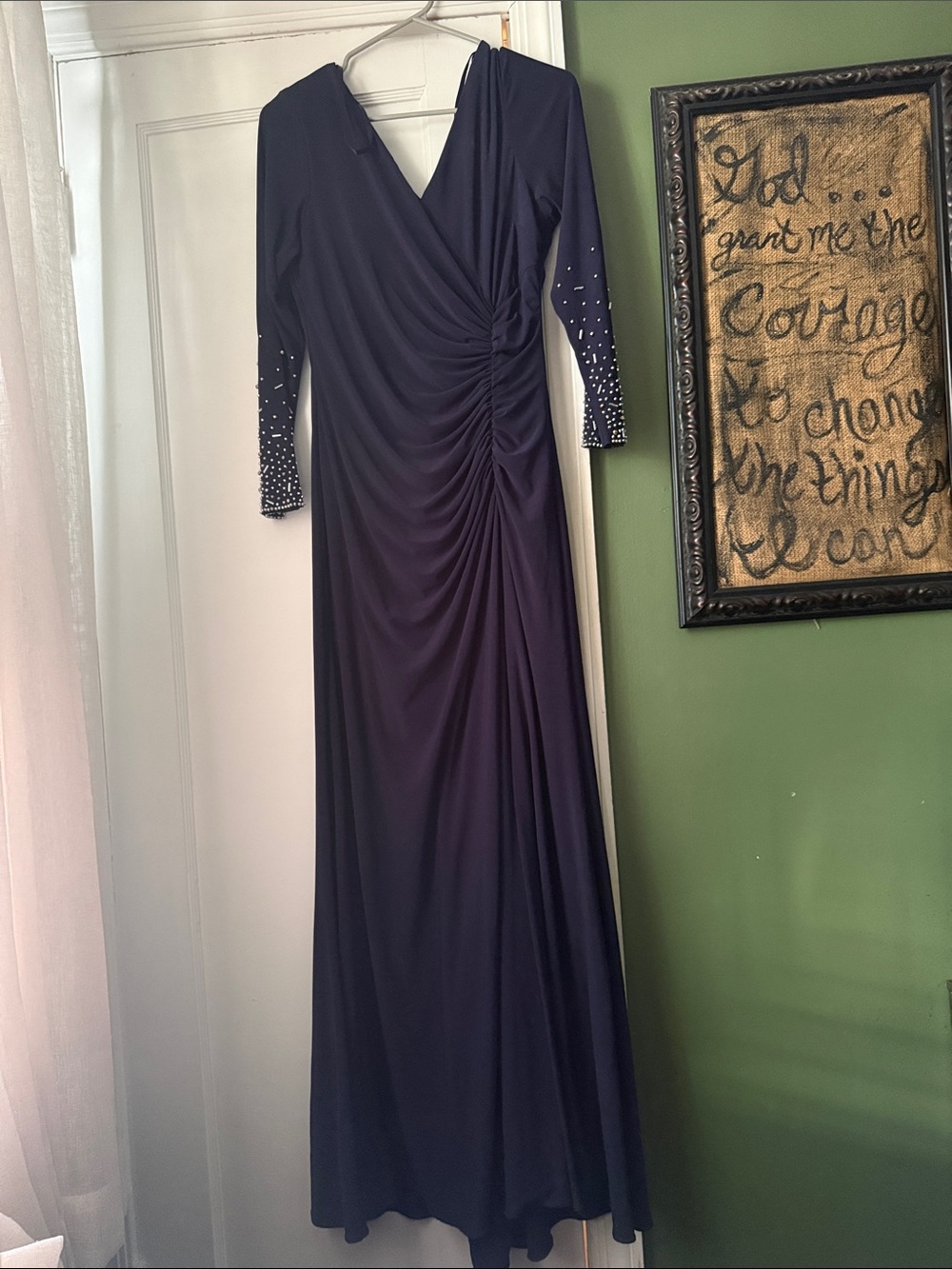 Xscape Black Long-Sleeve Ruched V-Neck Evening Gown with Embellished Cuffs